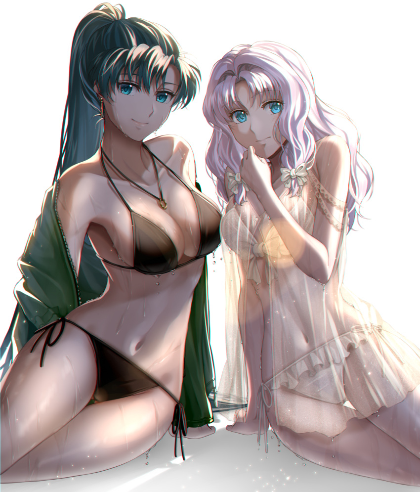 2girls alternate_costume babydoll bangs bikini black_bikini black_swimsuit blue_eyes bow breasts cleavage closed_mouth collarbone commentary_request delsaber earrings female female_only fire_emblem fire_emblem:_the_blazing_blade florina_(fire_emblem) frills green_hair green_jacket hair_intakes hairbow highres jacket jewelry large_breasts lingerie long_hair looking_at_viewer lyn_(fire_emblem) medium_breasts multiple_girls navel negligee nintendo off_shoulder panties parted_bangs ponytail purple_hair see-through shadow simple_background sitting smile stomach swimsuit very_long_hair wavy_hair wet white_background white_bikini white_bow white_swimsuit