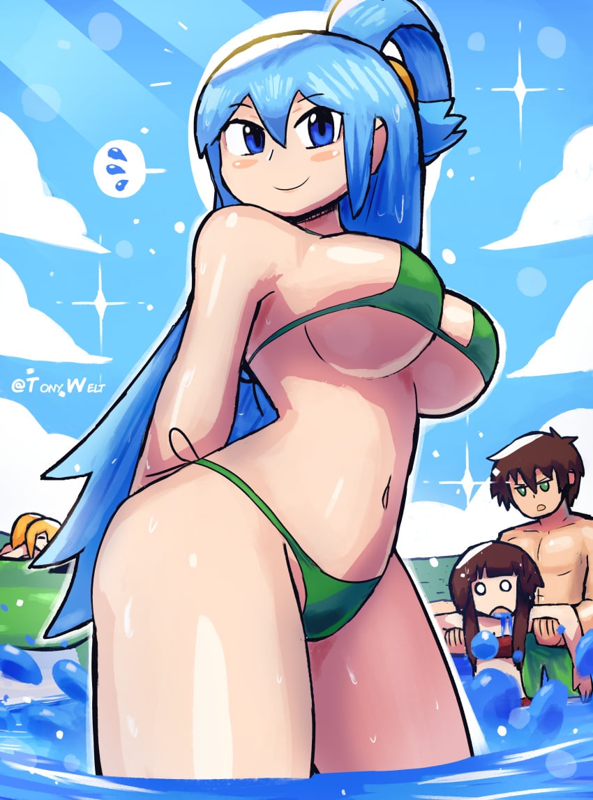 1boy 3girls aqua_(konosuba) artist_name beach bikini blue_eyes blue_hair breasts clouds darkness_(konosuba) grass green_bikini kono_subarashii_sekai_ni_shukufuku_wo! light_blue_hair megumin ocean satou_kazuma sky splash tony_welt water