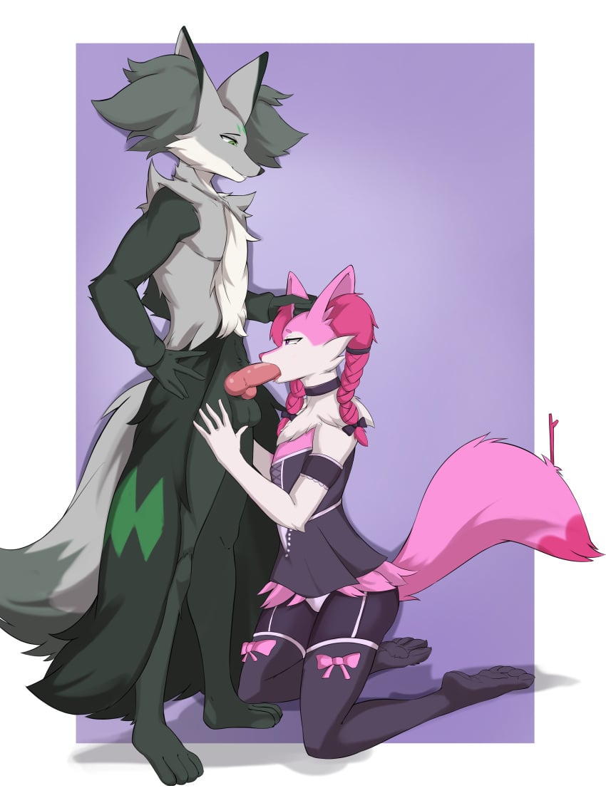 absurd_res animal_genitalia animal_penis anthro anthro_on_bottom bedroom_eyes braixen canid canine clothing countershading delphox duo femboy fluffy fluffy_tail fox french_braid fur genitals girly grey_body grey_fur hair hand_on_head hi_res kironzen kneeling kneeling_oral_position long_hair maid_uniform male male/male mammal narrowed_eyes nintendo oral oral_penetration pecs penetration penis pink_body pink_fur pokémon_(species) pokemon pokemon_(species) rex_the_braixen_maid seductive sex simple_background uniform video_games