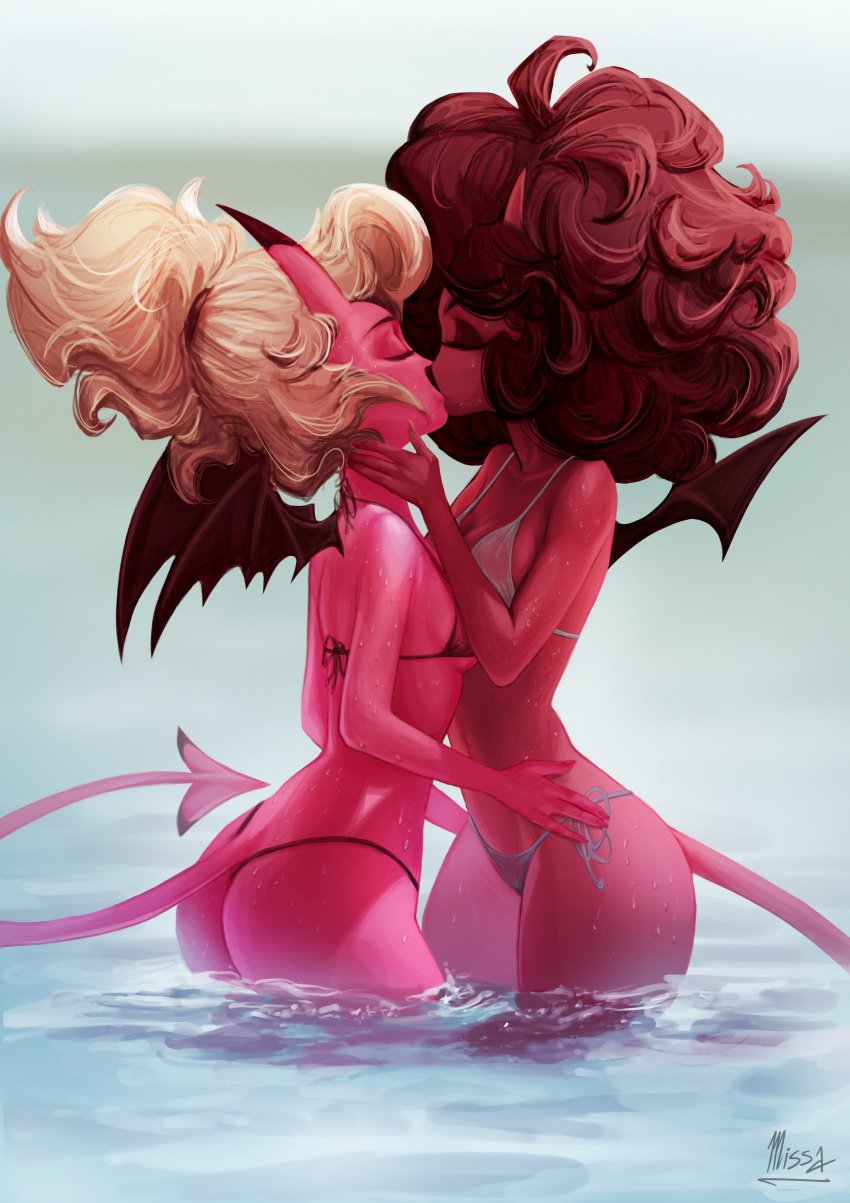 2demons 2girls apple_(helluva_boss) ass bikini blonde_hair breast_press chromaticmood coco_(helluva_boss) demon demon_girl demon_girls demons eyes_closed female/female female_only girlfriends hands_on_hips hands_on_neck helluva_boss horns kissing lesbian lesbian_kiss lesbians mutual_yuri pink_skin red_skin side-tie_panties standing_in_water succubi succubus swimsuit tail thick_thighs water wide_hips wings yuri