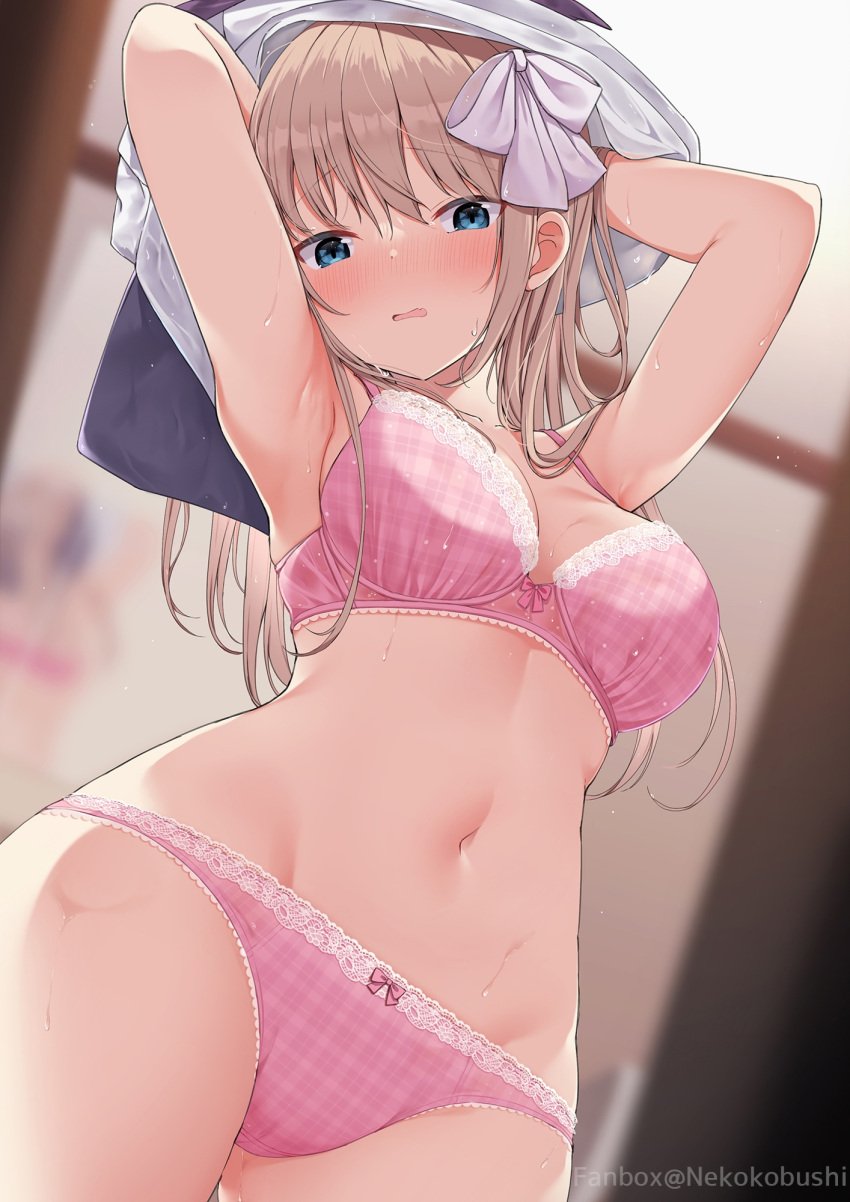 1girls armpits arms_up bangs blonde_female blonde_hair blue_eyes blurry_background bow bra breasts cleavage hands_behind_head highres huge_breasts long_hair looking_at_viewer navel nekokobushi original panties plaid solo standing stomach thighs underwear undressing wet