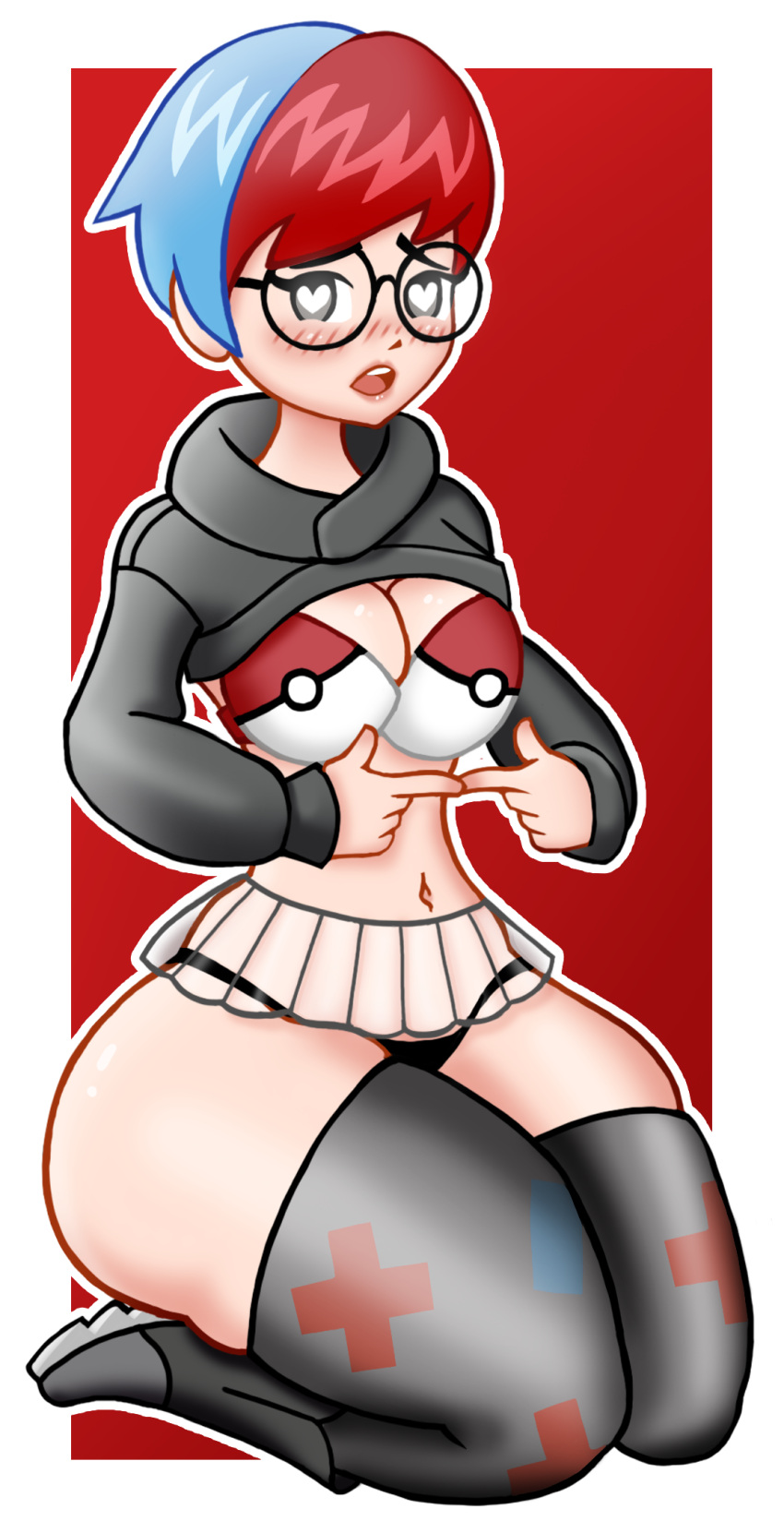 1girls big_butt blue_hair blush boots bra glasses heart-shaped_pupils huge_ass hungy legwear looking_at_viewer penny_(pokemon) pokeball_bra pokemon pokemon_sv red_hair short_hair shy skirt solo solo_female thick_thighs thighhighs thighs transparent_clothing two_tone_hair