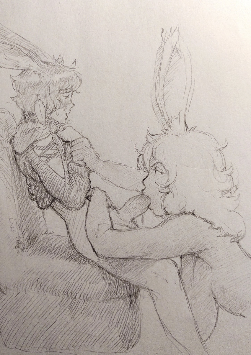 1boy 1girls bunny_ears fellatio female femboy femboy_on_female final_fantasy final_fantasy_xiv huge_breasts lenny_izquierdo size_difference sketch viera