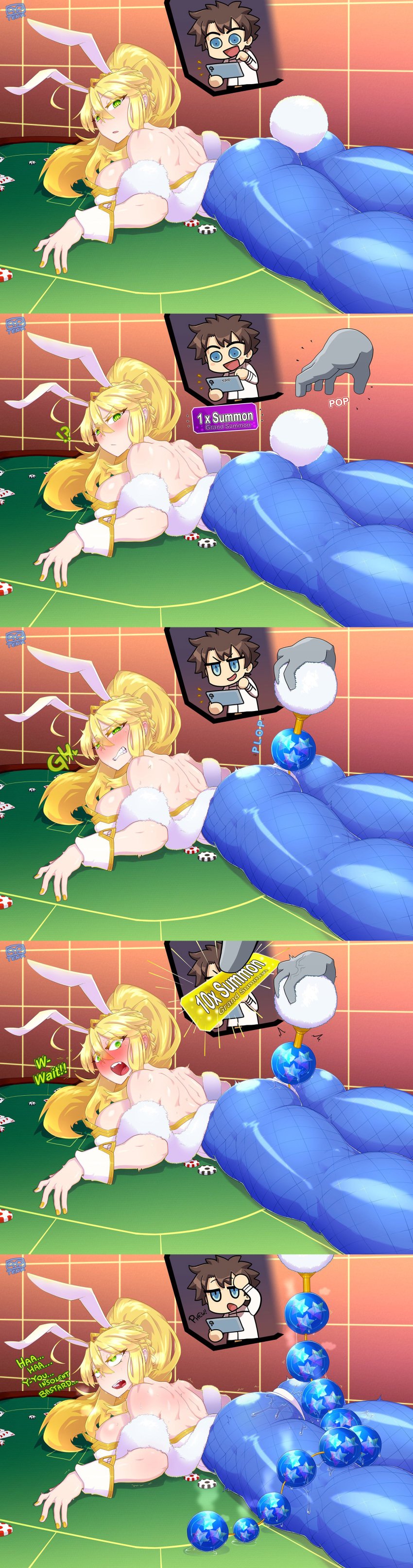 absurd_res anal_beads anal_beads_in_ass anal_beads_pull anal_beads_tail anal_tail artoria_pendragon artoria_pendragon_(lancer) artoria_pendragon_(swimsuit_ruler) ass blonde_hair blue_pantyhose blush bunny_ears bunnysuit dialogue english_text fate/grand_order fate_(series) fishnet_pantyhose fujimaru_ritsuka_(male) green_eyes long_hair pantyhose sex sex_toy text thetenk thick_thighs through_clothes