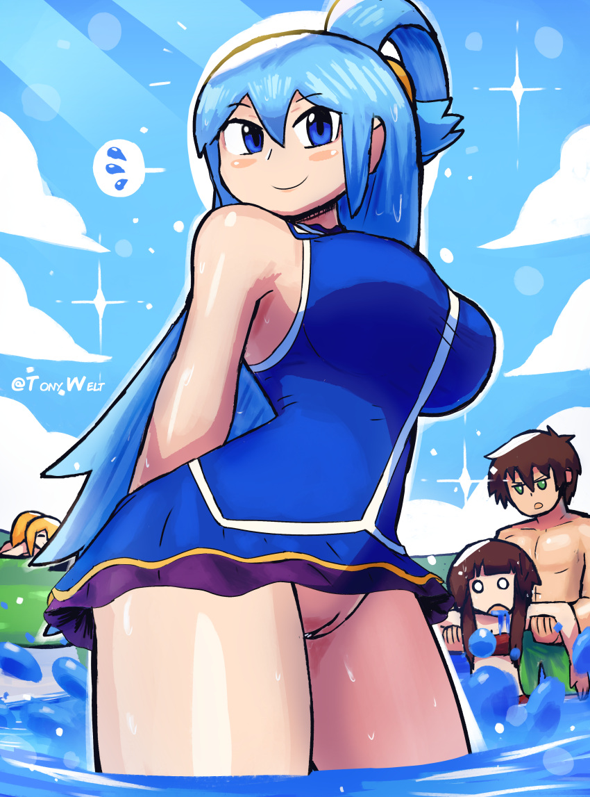 1boy 3girls aqua_(konosuba) artist_name beach blue_eyes blue_hair blue_swimsuit breasts clouds darkness_(konosuba) grass kono_subarashii_sekai_ni_shukufuku_wo! light_blue_hair megumin ocean pussy satou_kazuma sky splash tony_welt water