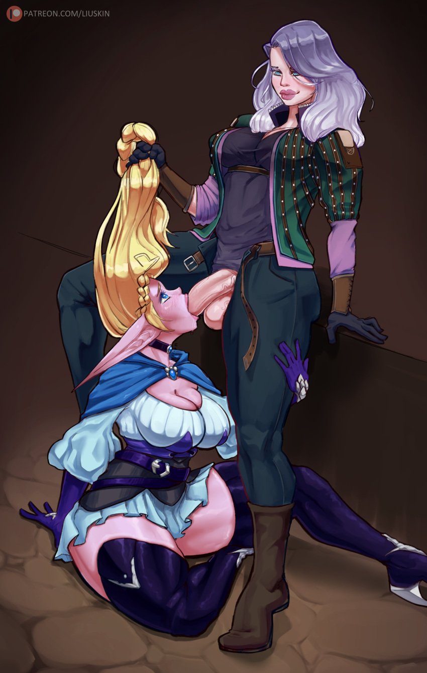 2futas absurd_res balls big_breasts big_penis blonde_hair blowjob blue_eyes blush cleavage clothed clothing corruption_of_champions corruption_of_champions_ii elf elf_ears erection etheryn eye_contact fellatio fully_clothed futa_on_futa futa_only futanari hair_grab heart-shaped_pupils human humanoid interspecies light-skinned_futanari light_skin liuskin long_hair looking_down looking_up mostly_clothed oral original_character pointy_ears sitting sitting_on_ground smile standing thick_thighs white_hair