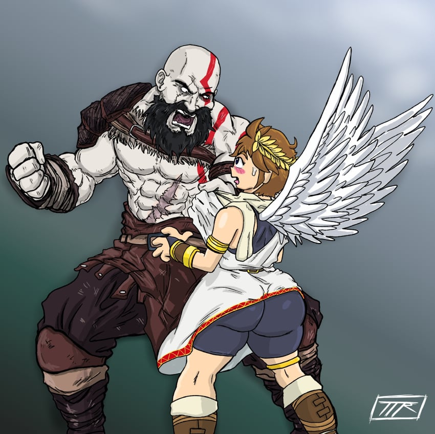 2boys angel angel_wings angry_face armband ass beard big_ass big_butt blush brown_hair crossover digital_media_(artwork) dominant_male duo femboy flower_crown fully_clothed gauntlets gay god_of_war grabbing_shirt greek_clothes hi_res highres kid_icarus kid_icarus_uprising kojoarts kratos larger_male leaf_crown leg_band light-skinned_male male male/male male_only muscular muscular_male naughtypaw_(artist) nintendo no_nude pit_(kid_icarus) smaller_male submissive_male ttherandom tthrandom tthrandom_rp yaoi