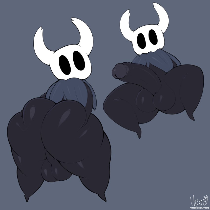 4k absurd_res anthro arthropod ass balls big_balls big_butt big_penis black_body cloak clothing empty_eyes erection genitals hi_res high_resolution hollow_knight huge_butt huge_cock looking_at_viewer looking_back male male_focus male_only nude penis perineum protagonist_(hollow_knight) solo team_cherry thick_thighs vessel_(species) video_games virito wide_hips