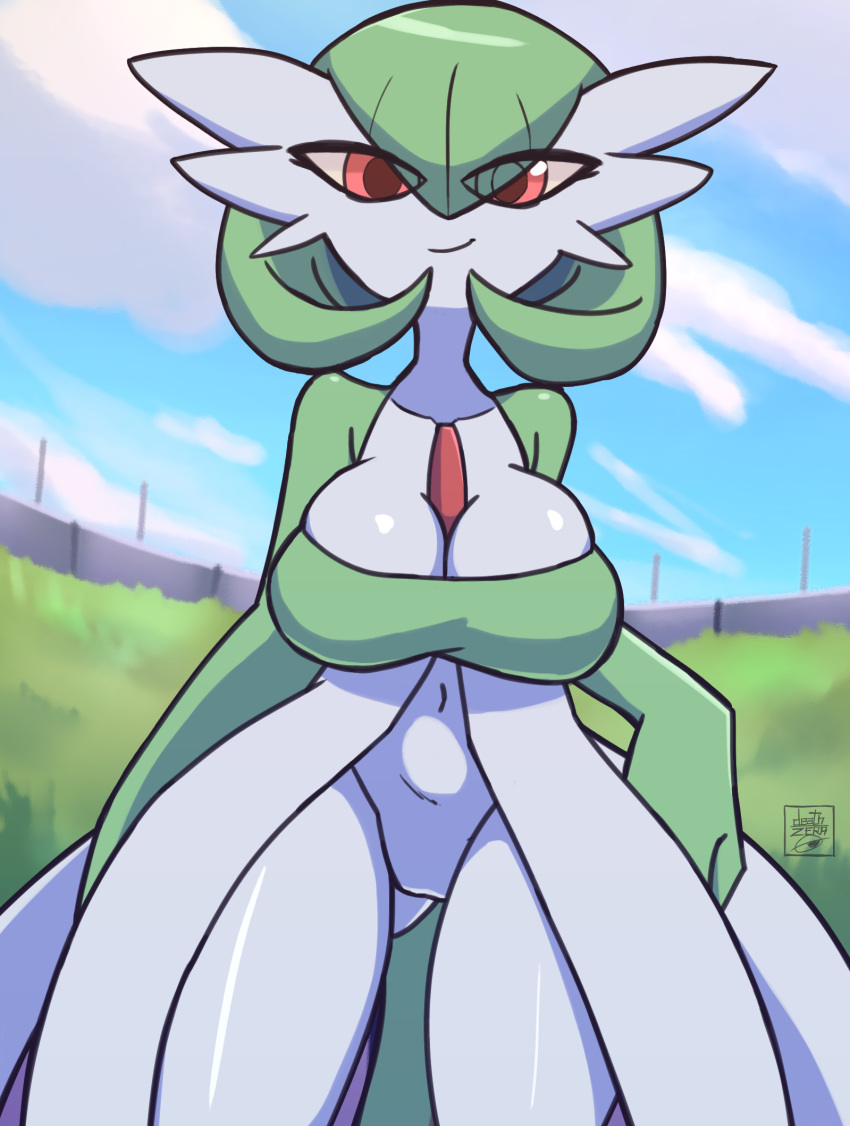 big_breasts breast_squish breasts cleavage clothed clothing deathzera featureless_crotch female gardevoir hair hair_over_eye hi_res humanoid humanoid_pointy_ears looking_at_viewer nintendo not_furry one_eye_obstructed pokémon_(species) pokemon pokemon_(species) smile solo squish video_games