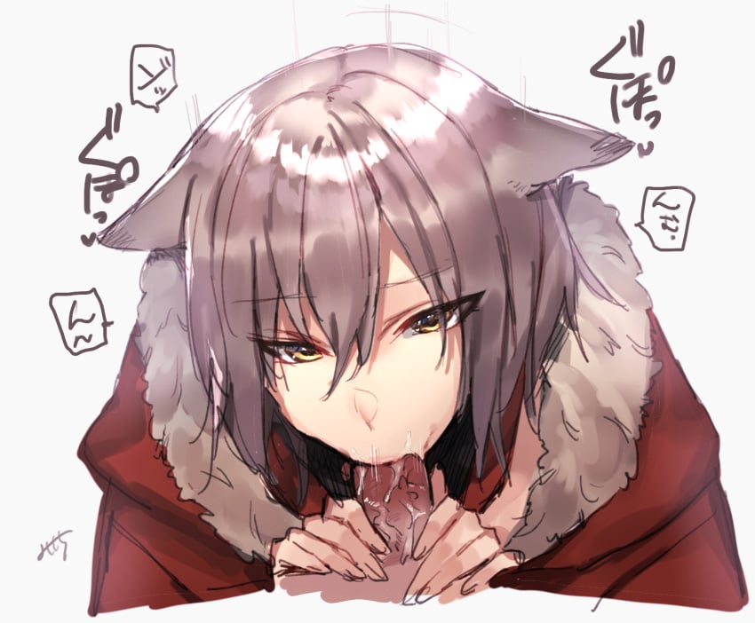 1boy animal_ears arknights erection fellatio female fur-trimmed_hood fur_trim grey_hair hair_between_eyes half-closed_eyes hands_on_penis highres hood hood_down hooded_jacket jacket long_hair looking_at_viewer miyoichi_(tjuc8378) oral penis pov projekt_red_(arknights) red_jacket saliva simple_background solo_focus straight uncensored white_background wolf_ears wolf_girl yellow_eyes