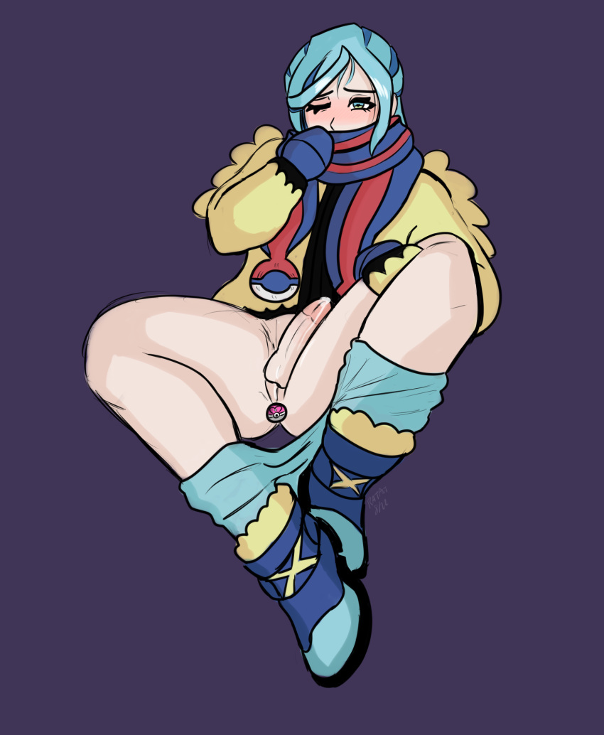 1boy 2022 blue_eyes blue_hair buttplug coat erection femboy grusha_(pokemon) male male_focus male_only mittens nintendo pokemon pokemon_sv ratprt