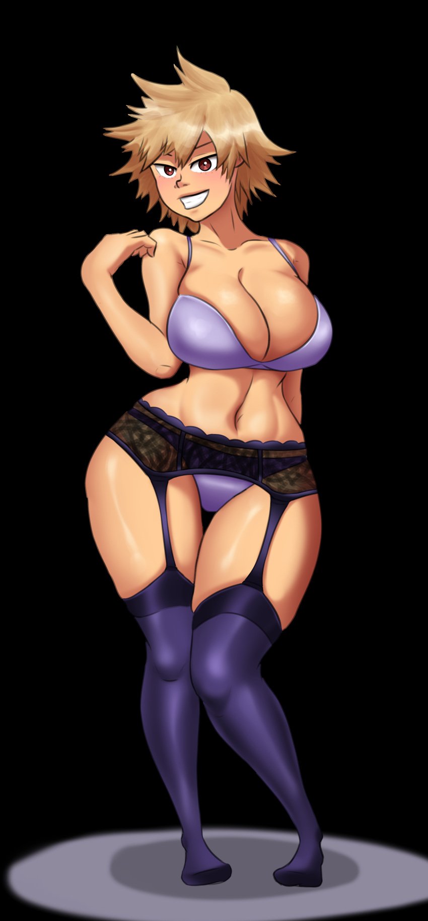 2022 big_breasts black_background blonde_female bra breasts brown_eyes busty cleavage clenched_teeth digital_media_(artwork) dirty_blonde_hair eyebrows eyelashes female female_only garter_belt_leggings grin hair human lingerie lingerie_only looking_at_viewer maispy messy_hair milf mitsuki_bakugou my_hero_academia navel panties purple_bra purple_lingerie purple_panties purple_stockings short_hair smile smiling_at_viewer solo solo_female standing stockings tagme thick_thighs white_pupils white_sclera wide_hips