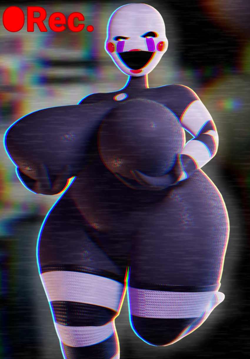 3d breasts busty classic_fnaf_2_marionette classic_fnaf_2_puppet female female_only five_nights_at_freddy's five_nights_at_freddy's_2 heart-shaped_pupils holding_breast legwear looking_at_breasts marionette_(fnaf) original_fnaf_2_marionette original_fnaf_2_puppet puppet_(fnaf) recording red_cheeks red_lipstick smiling solo static thick_thighs ultrabreached