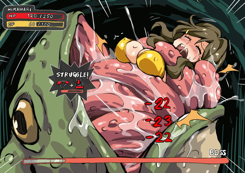 1girls arniro boss_monster breasts crying entangled feral frog gameplay_mechanics giant_toad green_skin health_bar himawari_shinomiya imminent_vore long_hair long_tongue monster oral_vore restrained ryona saliva screaming struggling toad_(frog) tongue tongue_grab vore yellow_bikini yellow_bikini_top