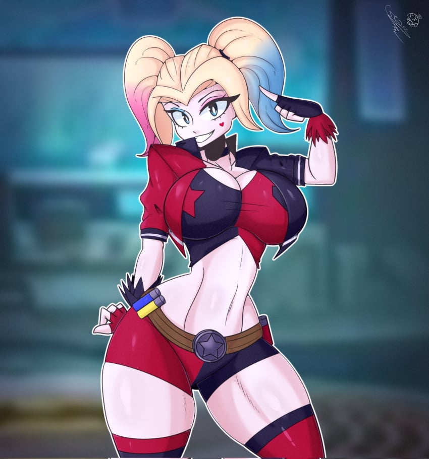 1girls boobs breasts clothed dc dc_comics female female_only gloves good_stuff hair harley_quinn harley_quinn_(multiversus) human human_only large_breasts looking_at_viewer minishorts multiversus not_furry pose posing smile smiling_at_viewer tagme tr_yithaz