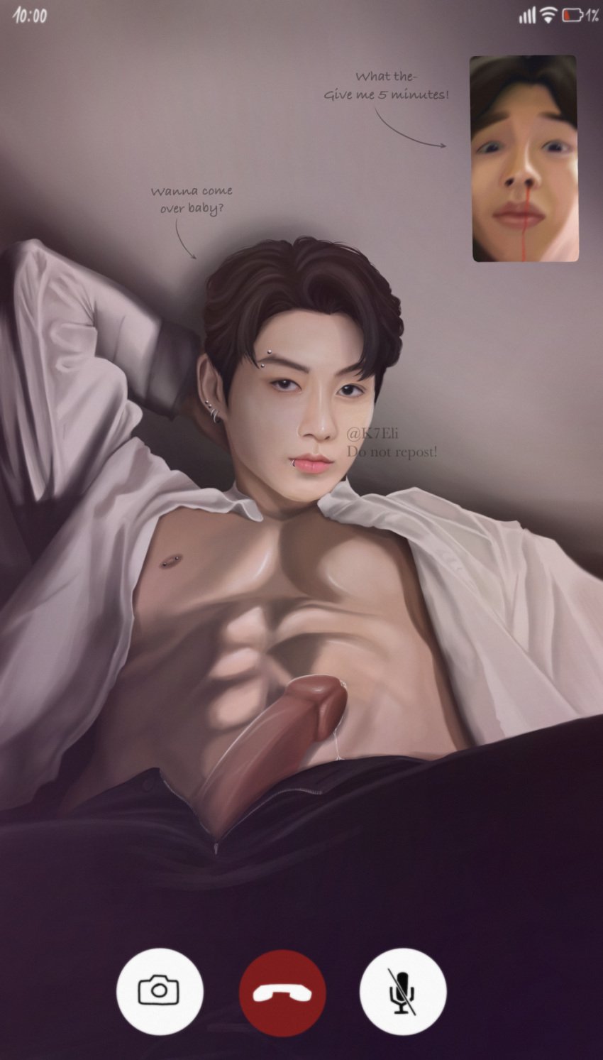 abs asian asian_male big_penis black_eyes bloody_nose blush bts cellphone erection gay gay_sex jeon_jung_kook korean kpop male male_only muscular_male naked nipples open_clothes open_eyes open_shirt park_ji_min penis_out singer six_pack video_call white_body white_skin yaoi