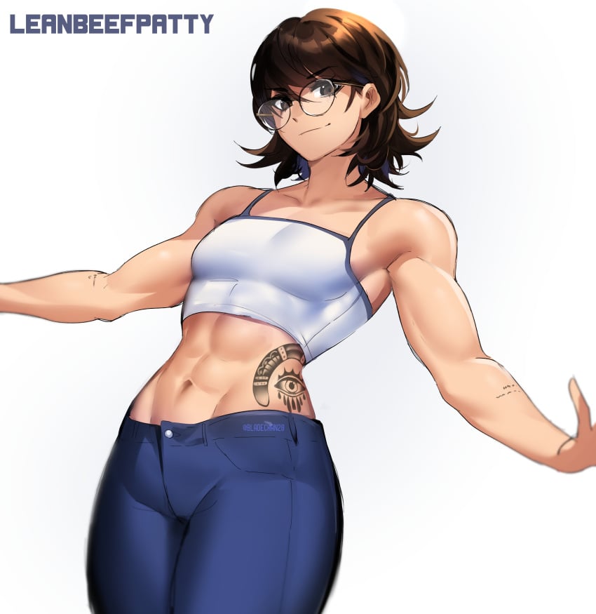 1girls abs belly belly_button bladechan28 breasts female female_only fit fit_female fully_clothed glasses jeans know_your_place leanbeefpatty medium_breasts mildly_muscular_woman muscular muscular_arms muscular_female pose posed posing short_hair shoulders solo tattoo tattoos thighs toned toned_female tummy