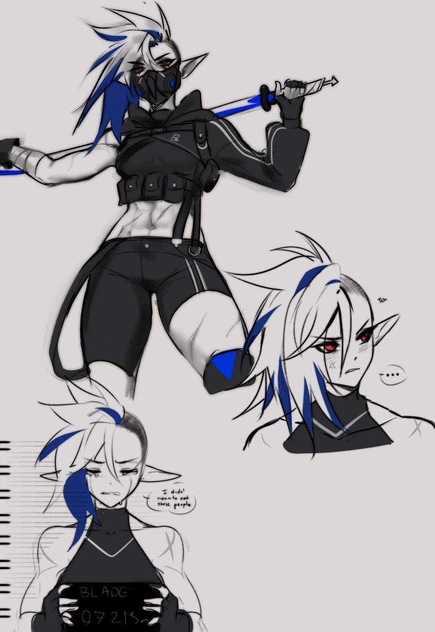 alien alien_girl alien_humanoid belly belly_button blade blade_(bladechan28) bladechan28 elf_ears long_ears mask pointy_ears punk punk_girl punk_hair red_eyes scar scarred scars scars_all_over sharp_ears shaved_side sword thick tight_clothing tomboy tummy weapon