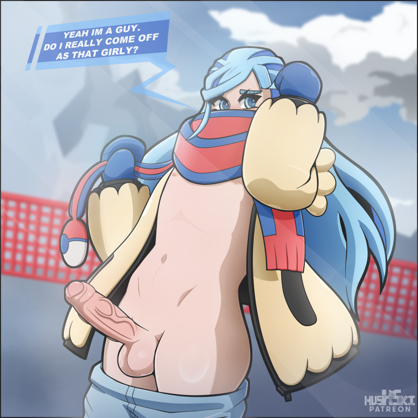 1boy balls blue_eyes blue_hair blush english_text erection exhibitionism femboy game_freak girly gloves grusha_(pokemon) hushski long_hair male male_only nintendo pants_down penis pokemon pokemon_(game) pokemon_sv scarf text text_box thighs undressing veiny_penis