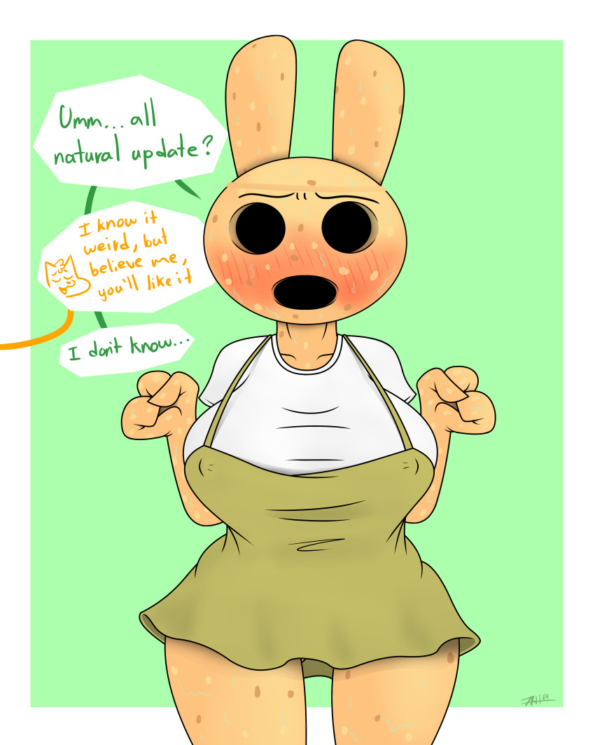 animal_crossing blush blush blushing_at_viewer bunny_ears coco_(animal_crossing) green_clothing joe_rodher nintendo nipple_bulge no_eyes simple_background speech speech_bubble sweat sweating sweaty_body white_shirt wide_hips