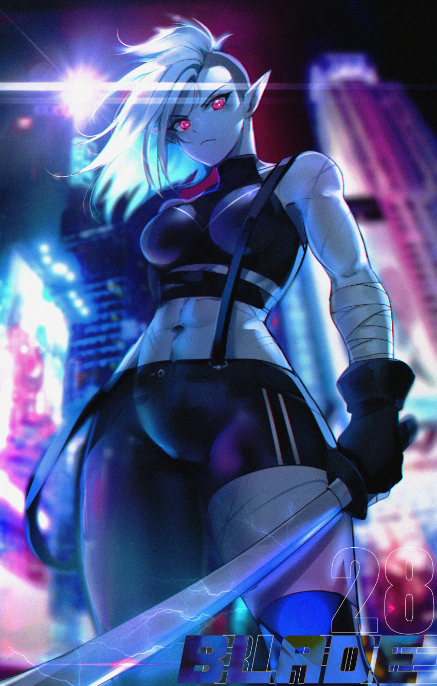 abs alien alien_girl alien_humanoid belly belly_button big_breasts blade blade_(bladechan28) bladechan28 breasts cameltoe curvy elf_ears fit fit_female grey_body grey_skin large_breasts long_ears pink_eyes pointy_ears punk punk_girl punk_hair sharp_ears sword thick thick_thighs thighs tight_clothing tomboy toned tummy weapon wrappings wraps