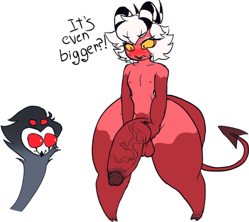 1boy alternate_form anthro aspenofsimpcon avian balls big_penis bird blush demon demon_humanoid embarrassed femboy genitals hair helluva_boss horn huge_cock humanoid hung_trap imp male male_focus male_only meme neth_(aspen) owl owl_demon owo penis red_body short_hair solo stolas_(helluva_boss) tail text thick_thighs transformation vein veiny_penis white_hair wide_hips yellow_eyes