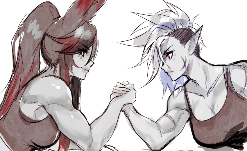 2girls alien alien_girl alien_humanoid animal_ears arm_wrestling biceps big_breasts blade_(bladechan28) bladechan28 breasts buff elf_ears fit fit_female large_breasts long_ears muscle muscles muscular muscular_arms muscular_female original pointy_ears punk punk_girl punk_hair scar scar_on_arm scar_on_cheek scar_on_face scarred scars scars_on_arm sharp_ears shoulders toned toned_female