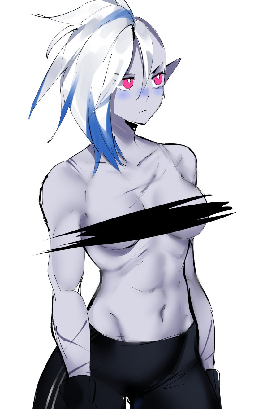 alien alien_girl alien_humanoid belly belly_button blade_(bladechan28) bladechan28 blush blushing censored censored_breasts elf_ears grey_body grey_skin long_ears original pink_eyes pointy_ears punk punk_girl punk_hair scar scarred scars scars_all_over sharp_ears shaved_side shoulders thigh_gap topless tummy