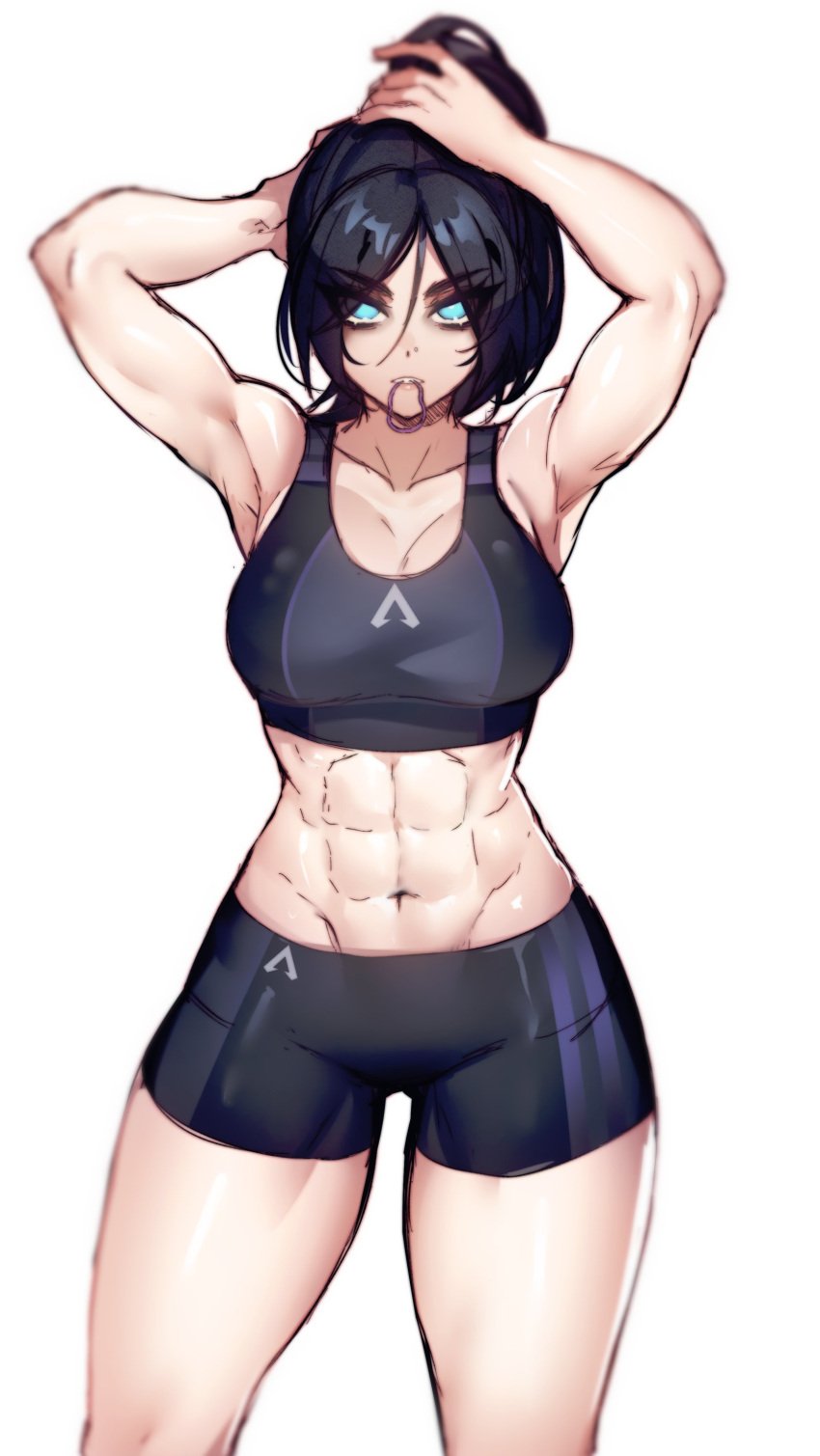 1girls 2d abs apex_legends armpits arms_up belly belly_button black_hair bladechan28 blue_eyes dark_hair face_markings female female_only fit fit_female large_breasts light_blue_eyes midriff muscles muscular muscular_female six_pack solo sports_bra sportswear thick thick_thighs thighs tie_in_mouth tight_clothing tomboy toned toned_female tummy tying_hair wraith_(apex_legends)