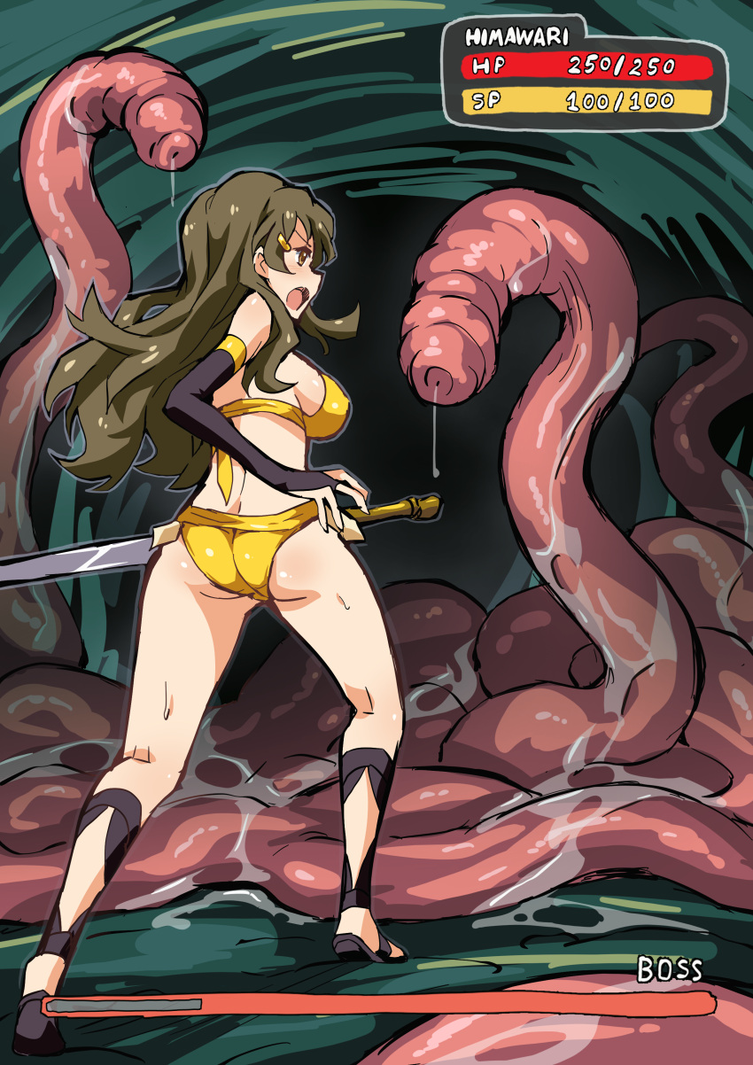 1girls angry arniro ass boss_monster brown_eyes english_text gameplay_mechanics health_bar himawari_shinomiya imminent_fight long_hair monster saliva sandals sleeves slime sword tentacle text vore yellow_bikini