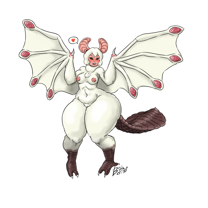 absurd_res anthro artist_name bat_ears bat_wings bendacriss blush capcom dragon female flying_wyvern fur heart hi_res membrane_(anatomy) membranous_wings monster_girl_(genre) monster_hunter navel nipples paolumu pink_body pink_skin signature simple_background solo thick_thighs video_games white_background white_body white_fur white_wings wide_hips wings wyvern