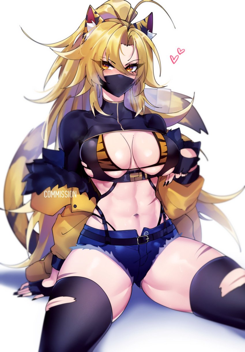 1girls abs animal_ears animal_tail belly belly_bulge big_breasts bikini_top bladechan28 blonde blonde_hair breasts cameltail coat coat_down curvaceous curves curvy curvy_body curvy_female face_mask fit fit_female furry_ears furry_tail hearts huge_breasts indie_virtual_youtuber large_breasts legs legs_apart light-skinned_female light_skin long_hair mask nails revealing_clothes scar scarred scars sitting sitting_on_floor solo solo_female tail tala_tora_(vtuber) thick thick_thighs thigh_gap thighhighs thighs tiger_ears tiger_girl tiger_tail tight_clothing toned torn_clothes torn_thigh_highs torn_thighhighs tummy virtual_youtuber