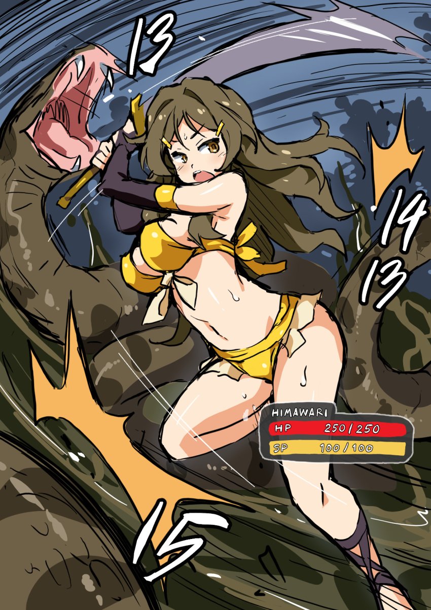 1girls anaconda angry arniro breasts brown_eyes fight gameplay_mechanics health_bar himawari_shinomiya long_hair monster sandals snake sword vore yellow_bikini