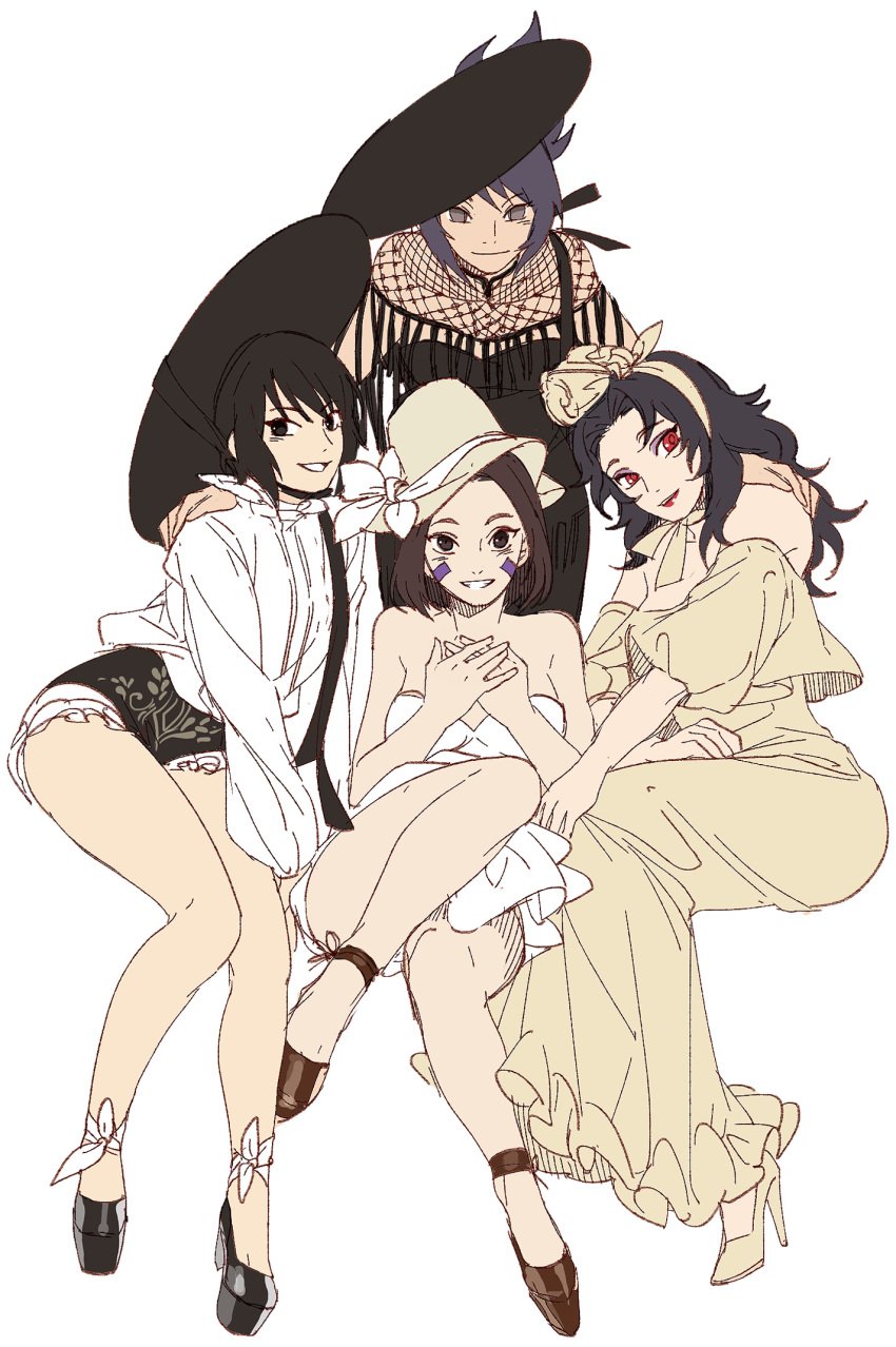 4girls alternate_costume bare_shoulders beige_dress bent_over black_dress black_eyes black_footwear black_hair black_shorts blouse bow brown_eyes brown_footwear brown_hair closed_mouth collarbone dress facial_mark female female_only full_body grin hat hat_bow high_heels highres invisible_chair kurenai_yuhi long_sleeves looking_at_viewer mitarashi_anko multiple_girls naruto naruto_(series) naruto_shippuden no_bra noeunjung93 nohara_rin off-shoulder_dress off_shoulder purple_hair red_eyes red_lips shirt shizune short_hair shorts simple_background sitting sleeveless smile strapless strapless_dress teeth white_background white_dress white_shirt yuuhi_kurenai