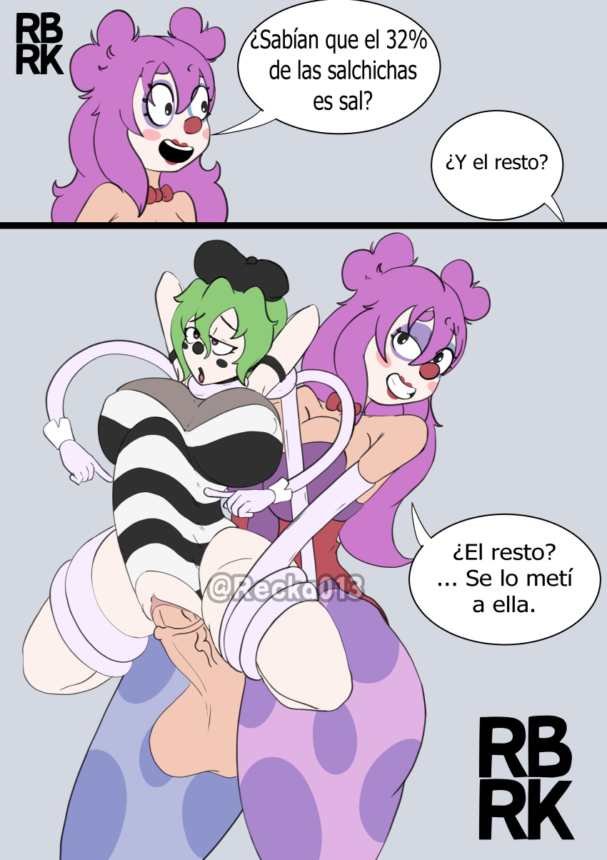 1futa 1girls balls biscuit_le_mime black_eyes bondage breasts bulle_le_clown clothed clothing clown_girl clown_makeup dialogue duo elastic erection female futa_on_female futanari green_hair huge_balls huge_breasts huge_cock humanoid humanoid_penis larger_futanari mime_girl mostly_clothed original_character penis purple_hair rebe_recka red_lipstick sex size_difference smaller_female spanish_text standing taller_girl text vaginal_penetration white_skin