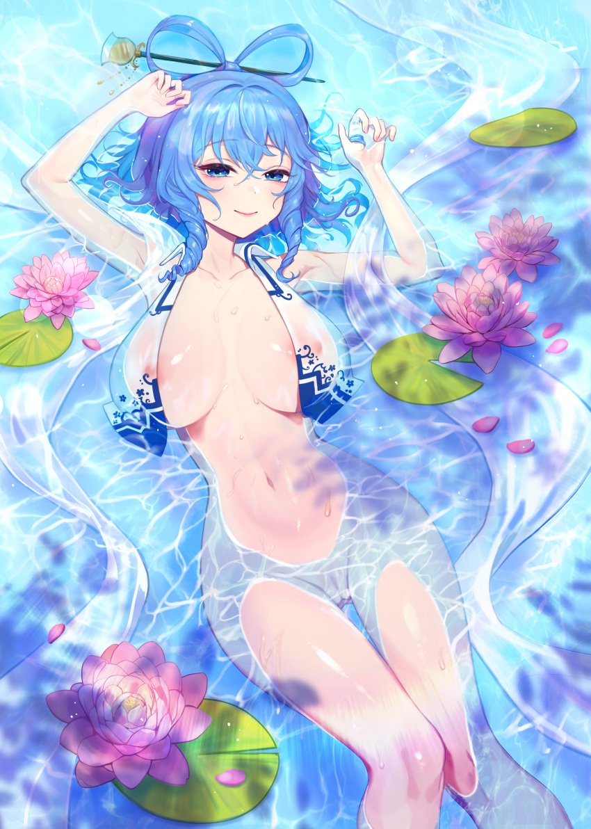 absurdres afloat blue_hair breasts female flower hagoromo hair_ornament highres lee_jin_byeol lily_pad lotus naked_vest partially_submerged petals petals_on_liquid pink_flower puffy_sleeves ripples seiga_kaku shallow_water shawl touhou vest water wet