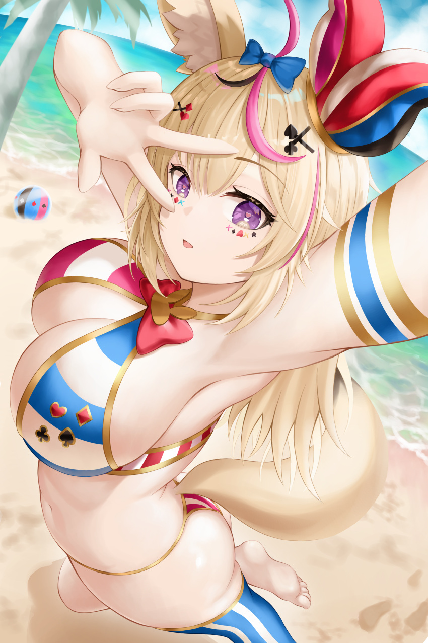 :d absurdres ahoge animal_ears arm_up armpits barefoot beach bikini blonde_female blonde_hair breasts female fox_ears fox_tail hair_ornament hairclip hat highres hololive hololive_gen_5 hololive_japan jester_cap large_breasts long_hair makeup multicolored_hair omaru_polka open_mouth pink_hair purple_eyes roina sand single_thighhigh smile solo streaked_hair swimsuit tail thighhighs tree virtual_youtuber volleyball w water