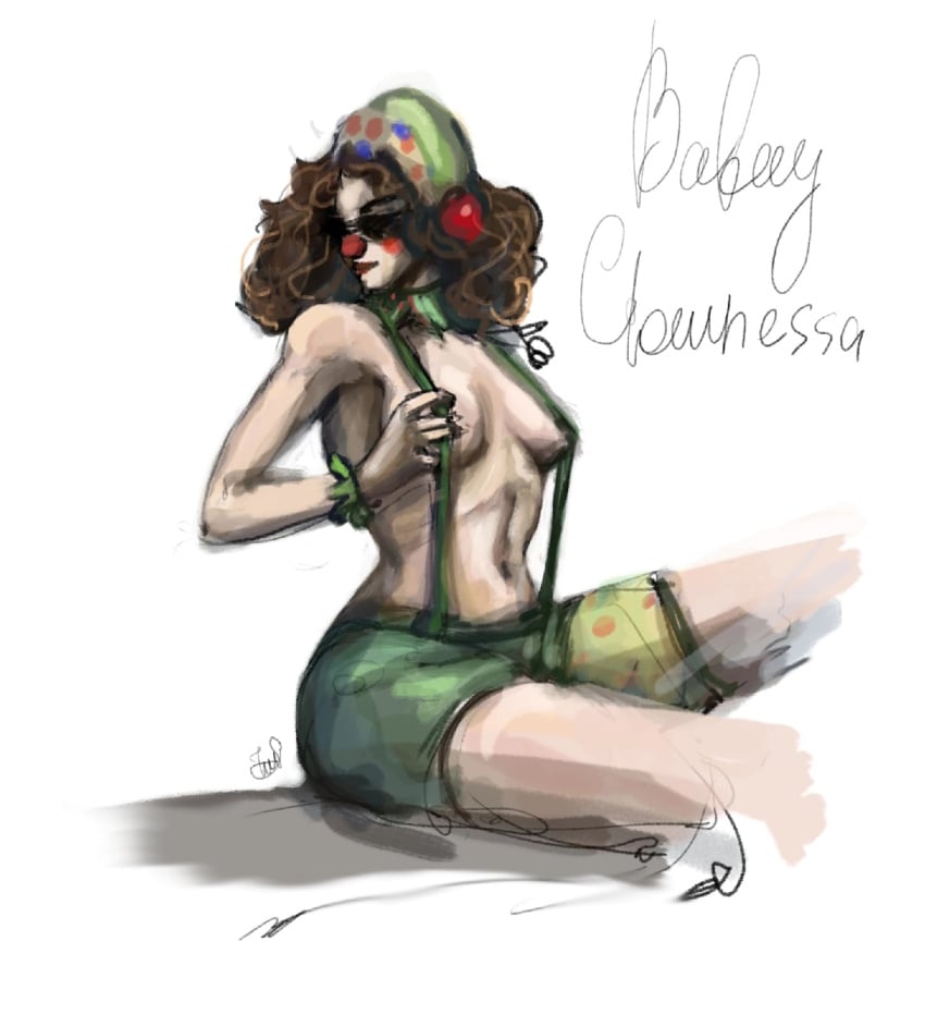 bebey_(streamer) belly belly_button brown_hair choker clown clown_girl clown_makeup clown_nose clussy_bebs cuffs curly_hair green_clothes green_clothing green_cuffs half-dressed polka_dot polka_dot_clothing polka_dot_hat polka_dot_legwear rule_63 sunglasses suspenders youtuber блинда_гусарова деградач