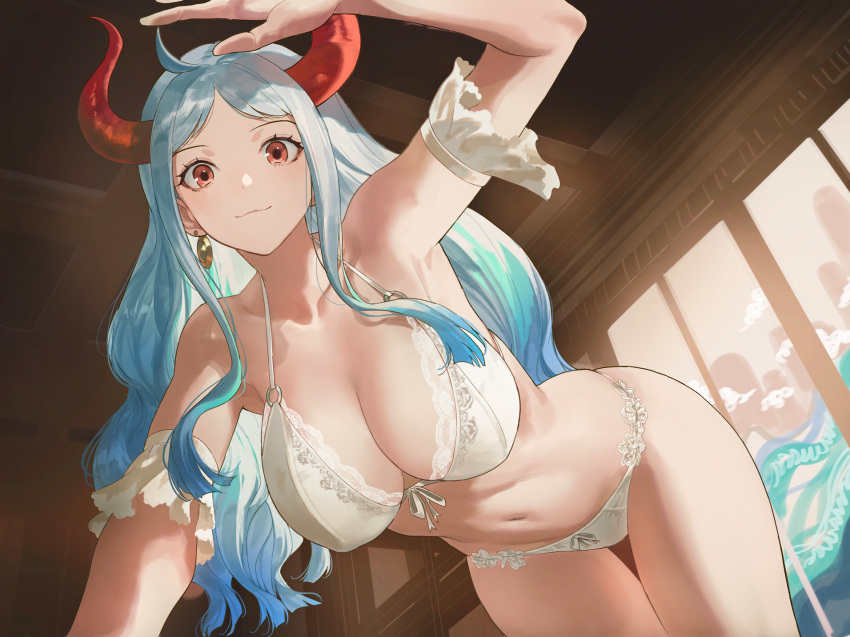 1girls :3 ahoge aqua_hair bare_shoulders belly bent_over big_breasts blue_hair bra breasts brown_eyes cleavage clothed clothing curvy ear_piercing earrings eyelashes female female_focus female_only gradient_hair hand_up happy hi_res highres hoop_earrings horned_humanoid horns humanoid indoors large_breasts legs light-skinned_female light_skin lingerie long_hair looking_at_viewer midriff multicolored_hair navel nipple_bulge one_piece oni oni_horns orange_eyes panties peach_eyes pov revealing_clothes salmon88 simple_background smile solo standing stomach thighs two_tone_hair underwear very_long_hair wavy_mouth white_bra white_hair white_lingerie white_panties white_underwear wide_hips yamato_(one_piece) youkai