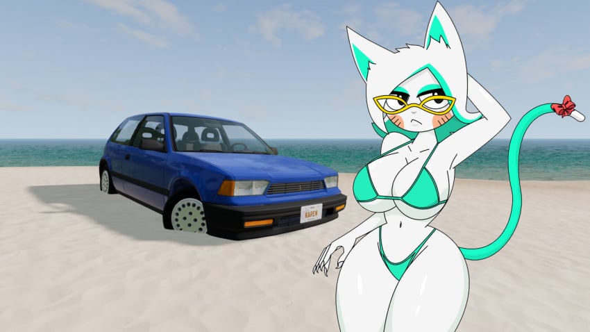 2022 anthro arms_behind_back arms_up beach beamng_drive black_eyes blue_and_black_hair blue_and_white_tail blue_bikini blue_bra blue_eyeshadow blue_panties car cat_ears cat_humanoid cat_tail catgirl feline female_only hi_res ibishu_(beamng_drive) ibishu_covet_(beamng_drive) karen_(smg4) karen_katphish karensmg4 long_hair long_white_hair looking_at_viewer ocean red_ribbon sand smg4 water white_body white_fur white_skin