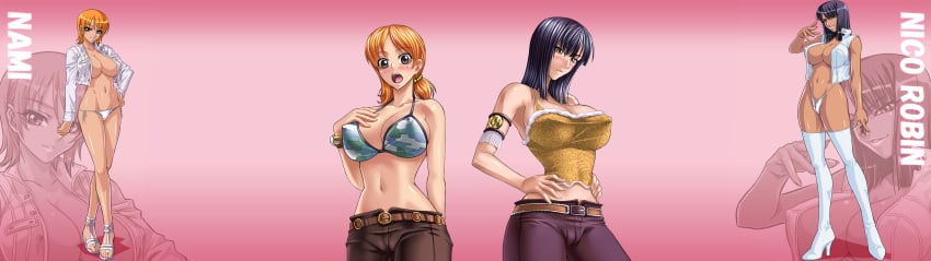 2girls 32:9 bra female female_only kagami_hirotaka nami nico_robin one_piece pre-timeskip wallpaper white_high_heels white_legwear white_panties white_stockings white_thong