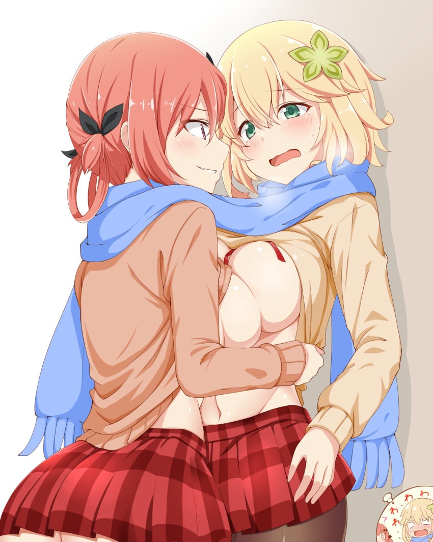 2girls bangs bat_hair_ornament black_legwear black_ribbon blonde_hair blue_scarf blush breast_press breasts brown_cardigan cardigan cardigan_lift chisaki_tapris_sugarbell dou-t flower gabriel_dropout green_eyes hair_between_eyes hair_flower hair_ornament hair_ribbon hair_rings highres kurumizawa_satanichia_mcdowell large_breasts long_hair long_sleeves multiple_girls navel open_mouth pantyhose plaid purple_eyes red_hair red_skirt ribbon satanichia_kurumizawa_mcdowell scarf school_uniform shared_clothes shared_scarf short_hair skirt smile symmetrical_docking tapris tapris_chisaki_sugarbell wavy_mouth yellow_cardigan yuri