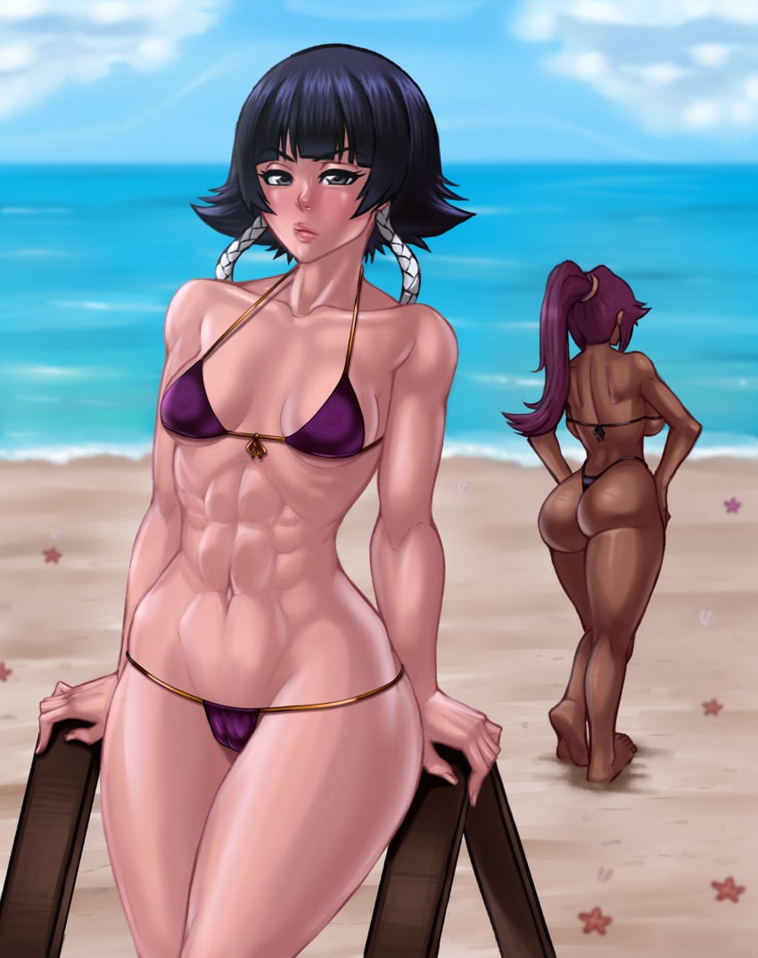 2girls abs ass beach bikini black_hair bleach dark-skinned_female female female_only light-skinned_female multiple_girls nomo purple_bikini purple_hair purple_swimsuit shihouin_yoruichi small_breasts soifon swimsuit teacher_and_student