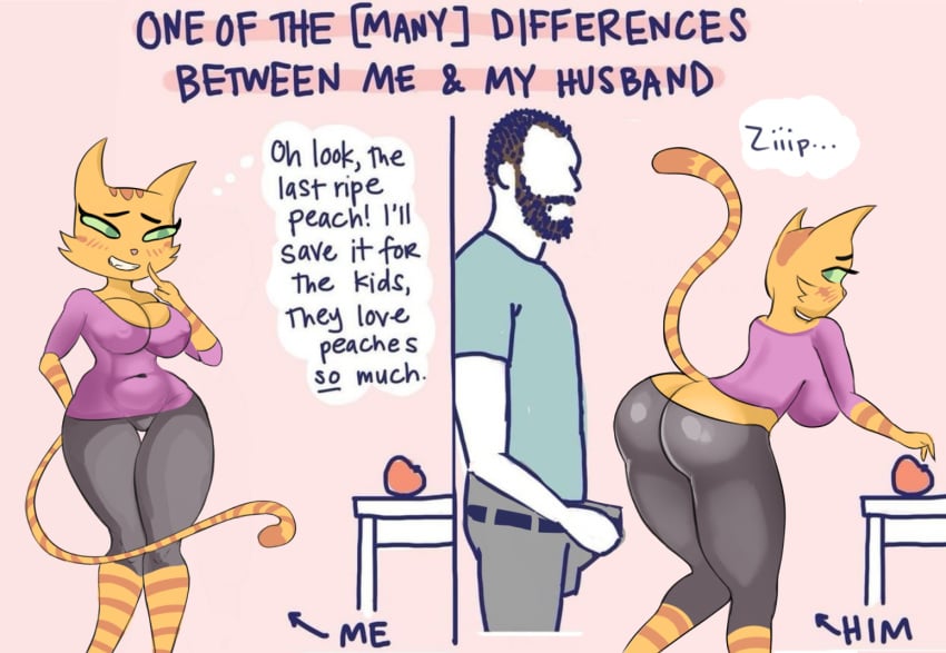 ... 2022 anthro ass ass_cleavage beard big_breasts big_butt black_eyebrows black_hair blue_clothing blue_shirt blue_topwear blush blush_lines bottomwear breasts butt_crack cheek_tuft cleavage clothed clothing crossover directional_arrow domestic_cat english_text erection erection_under_clothing eyebrows eyeless facial_hair facial_tuft felid feline felis female finger_on_face food fran_(litterbox_comics) fruit fur furniture glistening glistening_clothing green_eyes green_sclera grey_bottomwear grey_clothing grey_pants hair human human_on_anthro humanoid imminent_sex interspecies jack_baker legs_back litterbox_comics looking_at_another looking_at_food looking_at_object male male/female mammal markings mature_anthro mature_female momlife_comics navel nipple_outline onomatopoeia orange_body orange_fur pants parody peach_(fruit) pink_background pink_nose plant prehensile_tail purple_clothing purple_shirt purple_topwear resident_evil resident_evil_7 shirt short_hair simple_background sound_effects standing striped_body striped_fur striped_markings striped_tail stripes table tail_markings teeth text thick_thighs thought_bubble topwear tuft two_panel_image webcomic white_body white_skin wide_hips