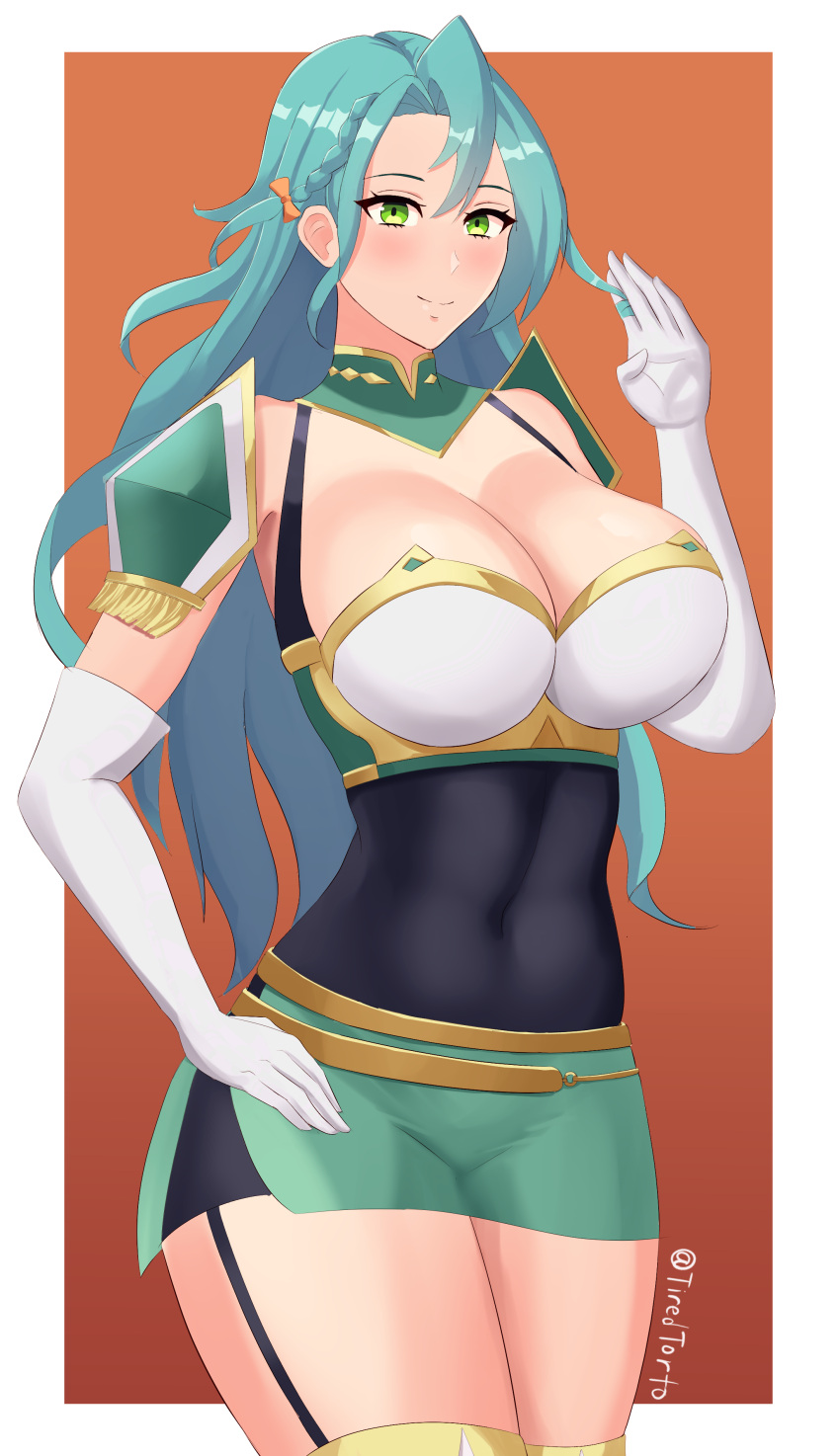 1girls absurdres aqua_hair bare_shoulders blush border bow breasts chloe_(fire_emblem) cleavage commentary covered_navel cowboy_shot elbow_gloves english_commentary female female_only fire_emblem fire_emblem_engage garter_straps gloves green_eyes green_skirt hairbow hand_up highres large_breasts long_hair looking_at_viewer microskirt nintendo orange_background orange_bow outside_border pencil_skirt png skirt smile solo standing thighs tiredtorto very_long_hair white_border white_gloves