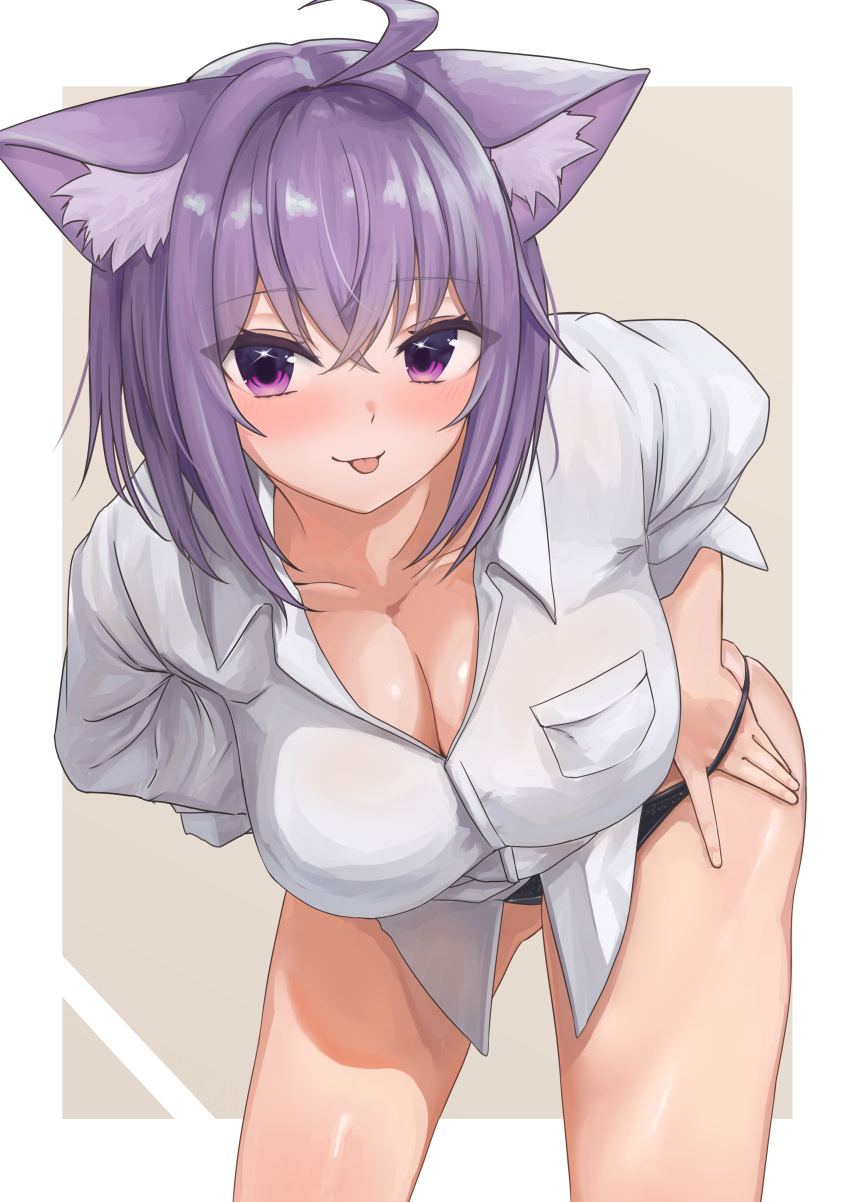 1girls absurdres ahoge animal_ear_fluff animal_ears ass_visible_through_thighs bangs bare_legs bent_over black_panties blush breast_pocket breasts cat_ears cat_girl cleavage collarbone collared_shirt cowboy_shot crossed_bangs dress_shirt female hair_between_eyes hair_intakes hanging_breasts highres hololive hololive_gamers hololive_japan large_breasts light-skinned_female light_skin long_sleeves looking_at_viewer medium_hair micon nekomata_okayu no_bra no_pants panties pocket purple_eyes purple_hair shirt simple_background smile solo sparkling_eyes strap_pull thick_thighs thighs tongue tongue_out tsurime underwear undressing virtual_youtuber white_shirt