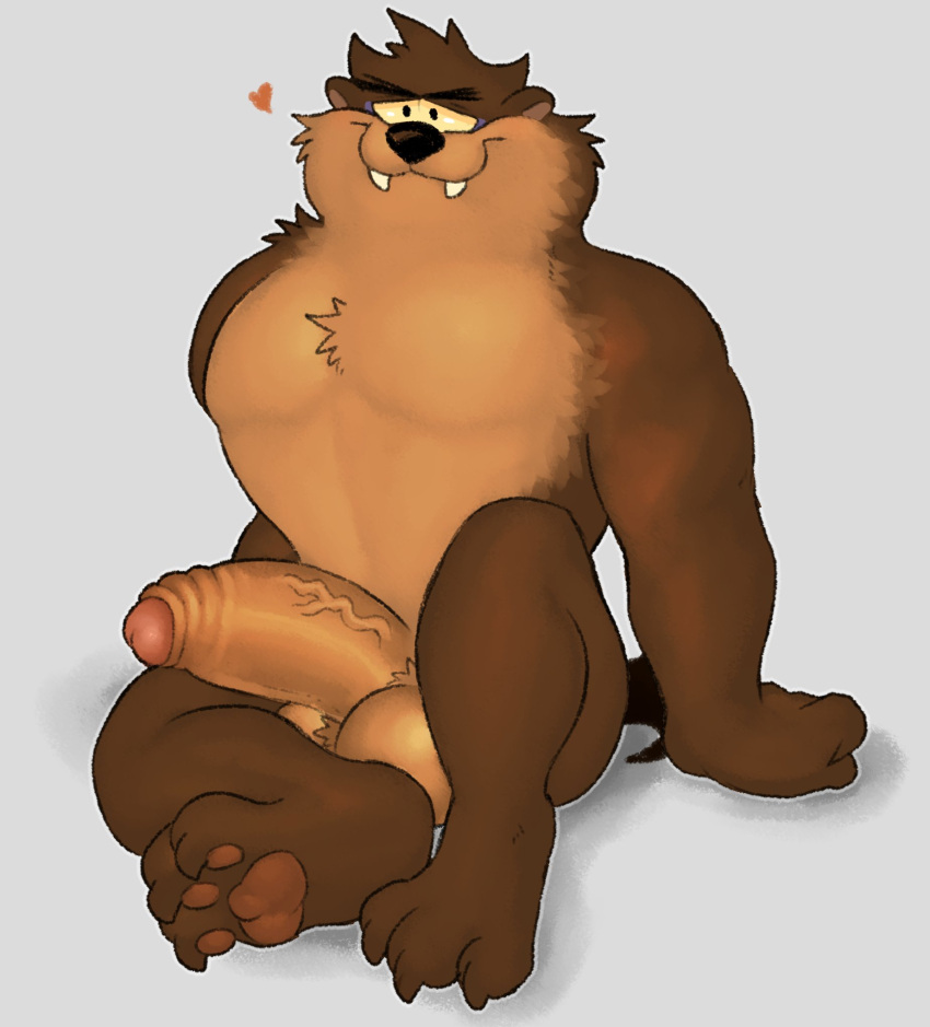 1boy anthro ball_tuft balls big_balls big_penis boner brown_body brown_fur brown_pawpads dasyurid dasyuromorph erection eyebrows fangs feet fleshformomo foreskin fur genitals glans grey_background heart hi_res looney_tunes male male_only mammal marsupial muscular muscular_anthro muscular_male nude pawpads paws penis pinup pose pubes simple_background smile smooth_fur solo tan_body tan_fur tasmanian_devil tasmanian_devil_(looney_tunes) teeth tuft vein veiny_penis warner_brothers yellow_sclera