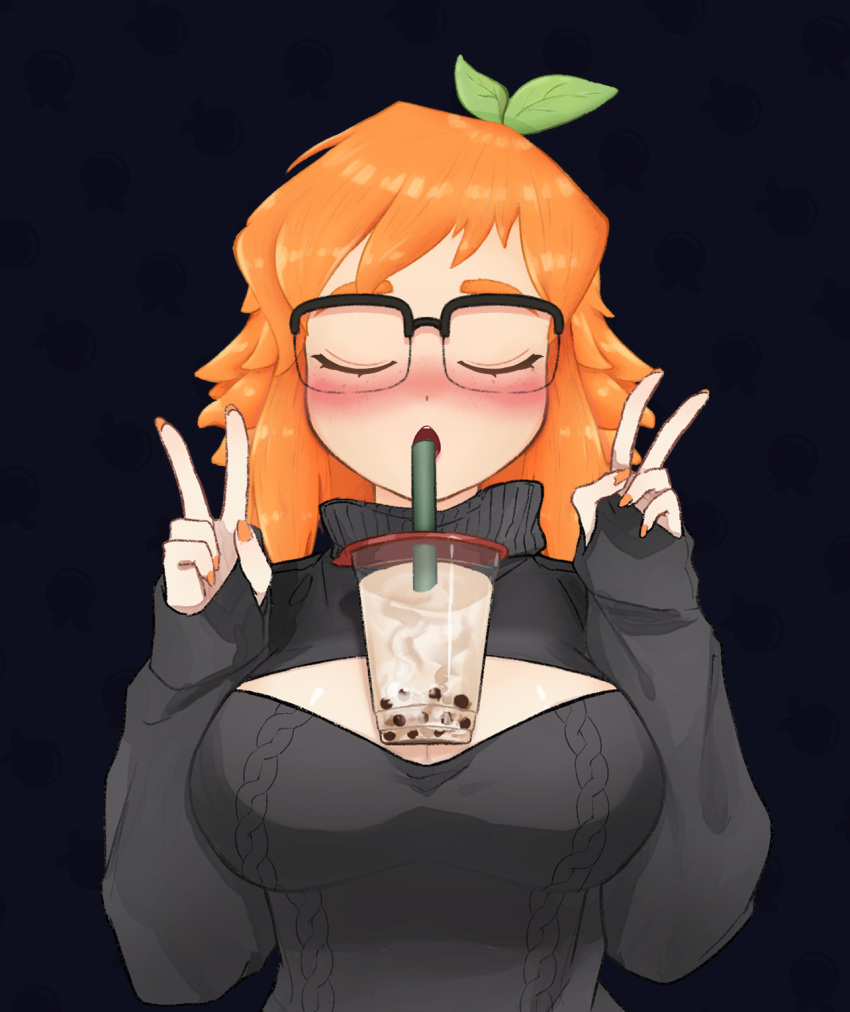 1girls beverage big_breasts black_background black_sweater breasts breasts_bigger_than_head breasts_frottage bubble_tea bubble_tea_challenge closed_eyes double_v_sign drinking female female_focus female_only fingernails glasses happy leaf leaf_on_head lirinvt magical_girl nail_polish orange_eyebrows orange_eyes orange_hair orange_head orange_lirin orange_nails simple_background single_braid solo solo_female square_glasses sweater thick_thighs thighs twitch twitter v_sign virtual_youtuber white_body white_skin wizard youtube youtube_hispanic youtuber