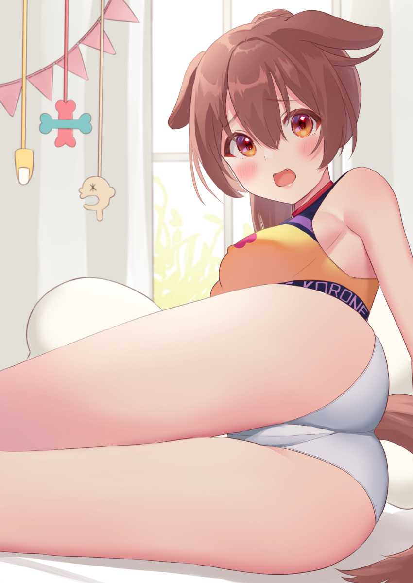 1girls absurdres animal_ears ass bangs blush breasts brown_eyes brown_hair cameltoe commentary crotch_seam decorations dog_ears fangs female highres hololive hololive_gamers hololive_japan hyoka_koyo inugami_korone large_breasts looking_at_viewer looking_back lying on_side open_mouth panties pillow shirt sideboob solo sportswear tail thighs underwear virtual_youtuber white_panties window yellow_shirt