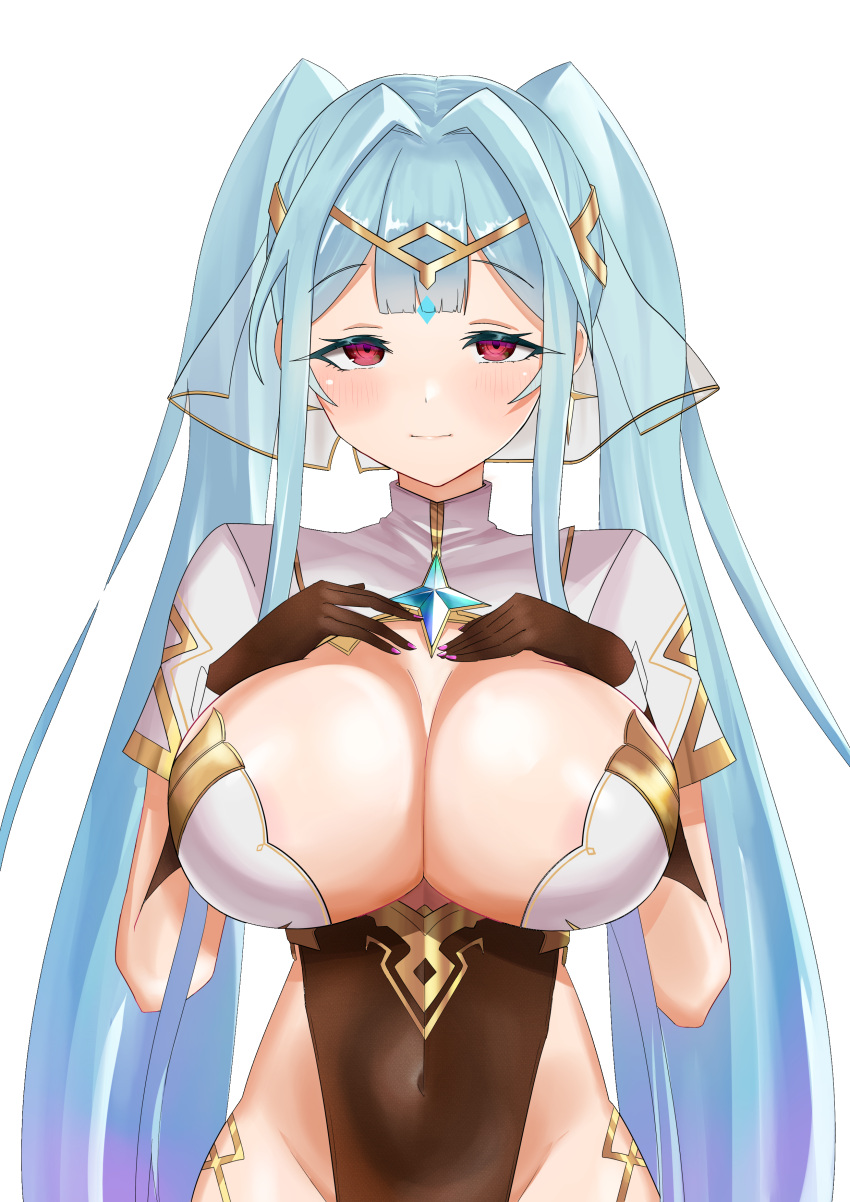 blush cleavage epic7 female green_hair healer huge_breasts long_hair looking_at_viewer red_eyes roana_(epic7) skimpy_clothes smiling